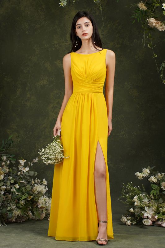 Simple Scoop Neck Side Slit Bridesmaid Dress with Pocket