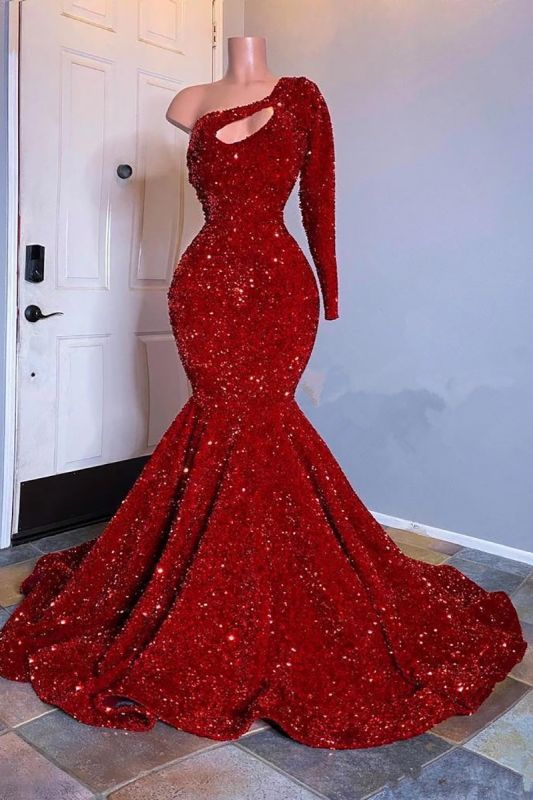 Robe de bal sirène sexy paillettes rouges une épaule robe de soirée scintillante