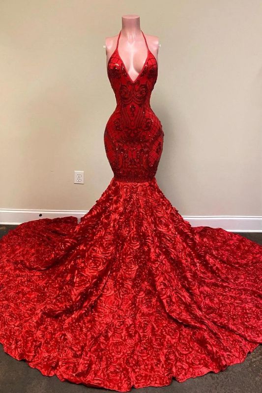 Halter Red Sparkly Sequins Prom Dress Mermaid Party Gown