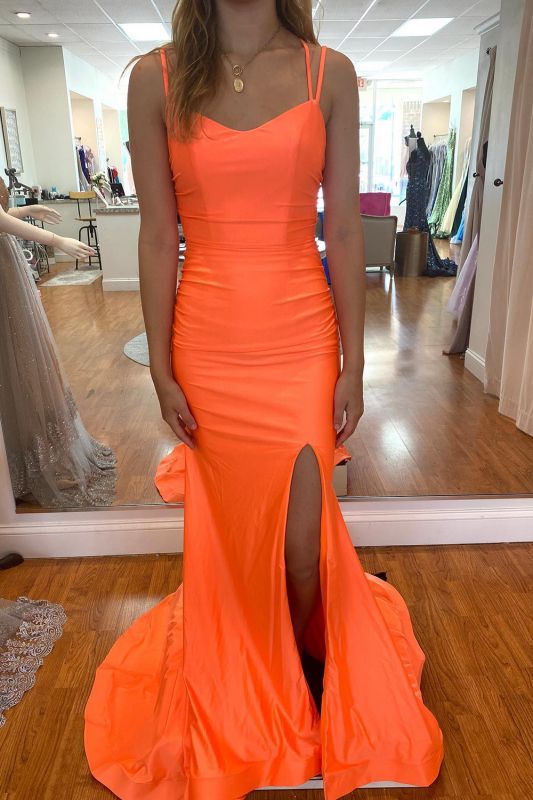 Orange Spaghetti Straps Mermaid Side Slit Prom Dress