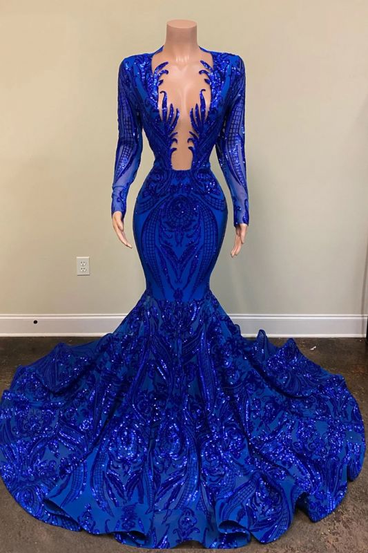 Amazing Glitter Sequins Mermaid Prom Dress Royal Blue Deep V-Neck Evening Party Dress