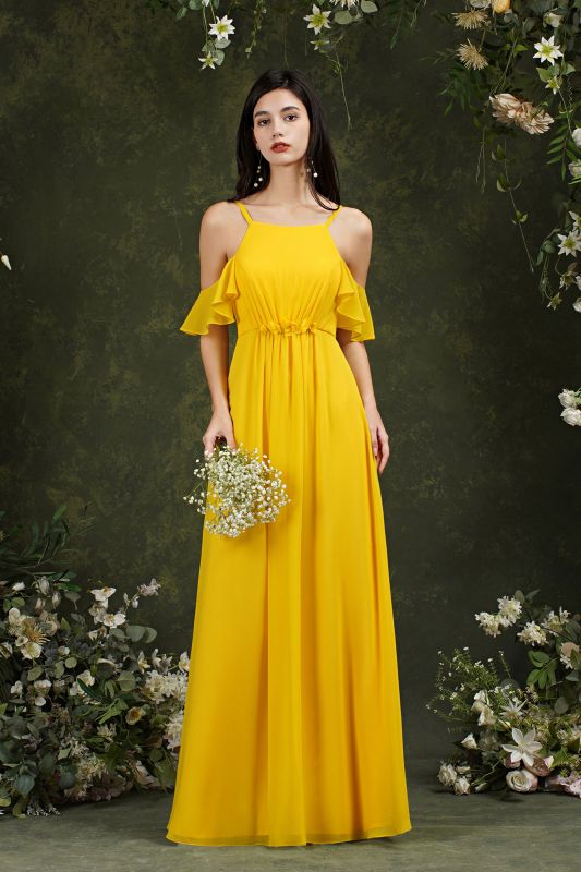 Vestido largo de dama de honor de gasa con volantes halter amarillo vestido de fiesta de boda