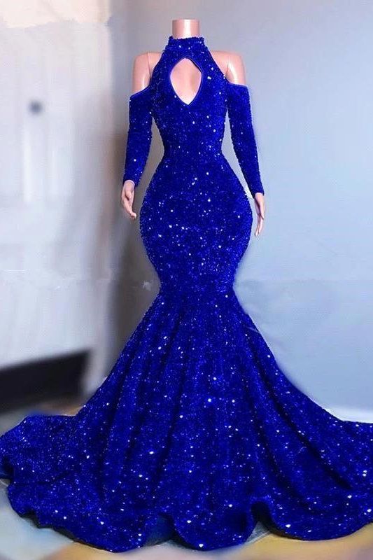 Sexy Meerjungfrau-Abschlussballkleid in Glitzer-Königsblau Neckholder-Partykleid mit Ärmeln