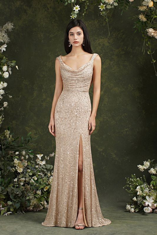 Chic Straps Sequins Side Slit Prom Dress Sleeveless Evening Party Dress