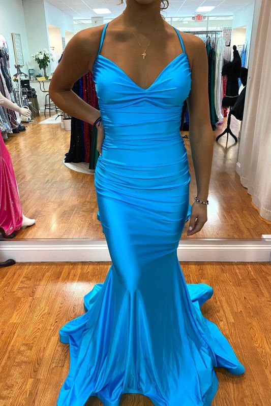Sexy Halter Ruched Satin Mermaid Prom Dress Cross Back Sweetheart Party Dress