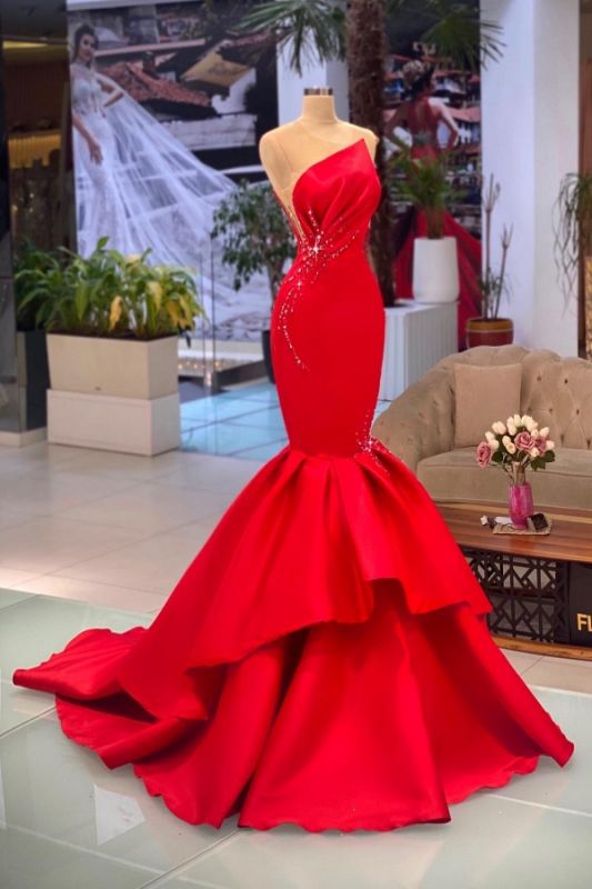 Robe de bal sexy sirène rouge sans manches robe de soirée mince