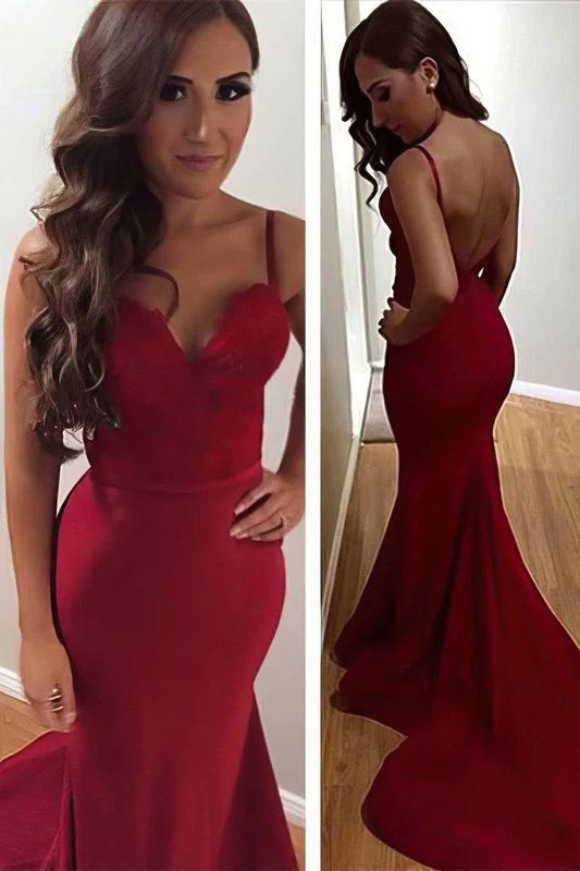 Sexy Burgundy Mermaid Prom Dress Spaghetti Straps Sweetheart Backless Party Dress