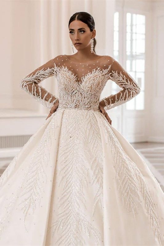 Gorgeous Crystals Bridal Gown with Long Sleeves Beadings Aline Wedding Dress