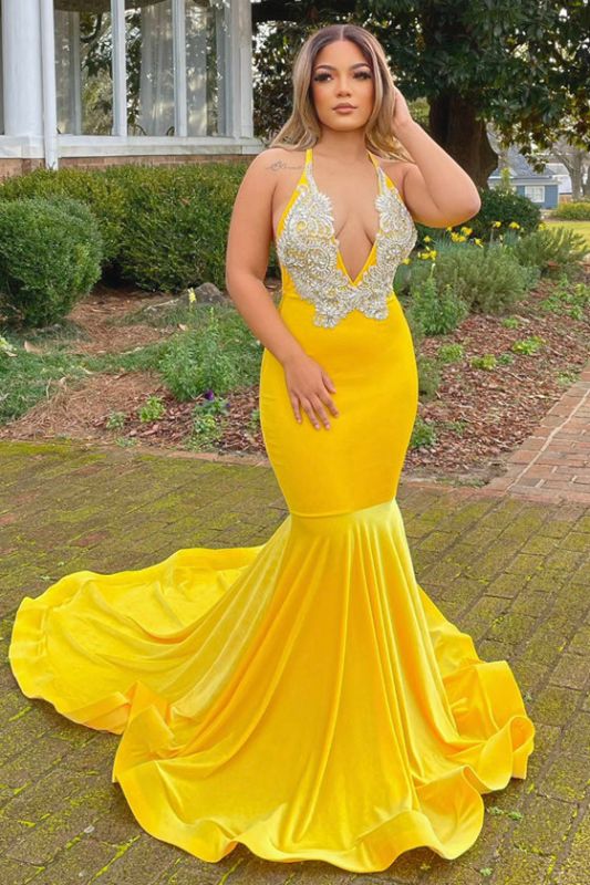 Amazing Yellow Halter Shiny Appliques Long Prom Dress Sleeveless Mermaid Party Dress