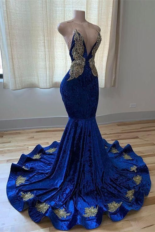Stunning Sleeveless Mermaid Long Mermaid Dress with Gold Appliques V ...