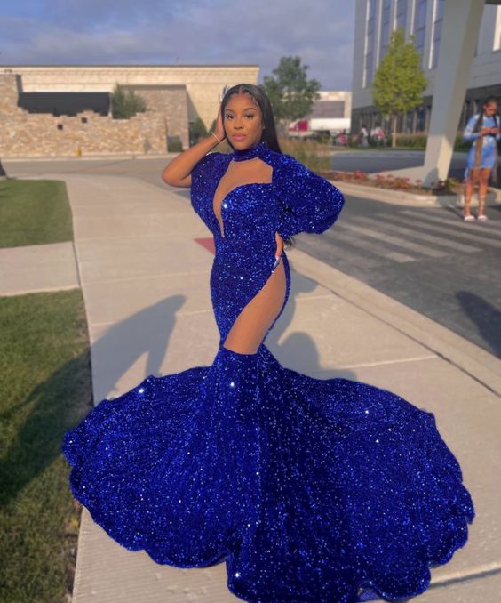 Sexy Glitter Sequins Royal Blue Mermaid Prom Dress with Long Sleeves