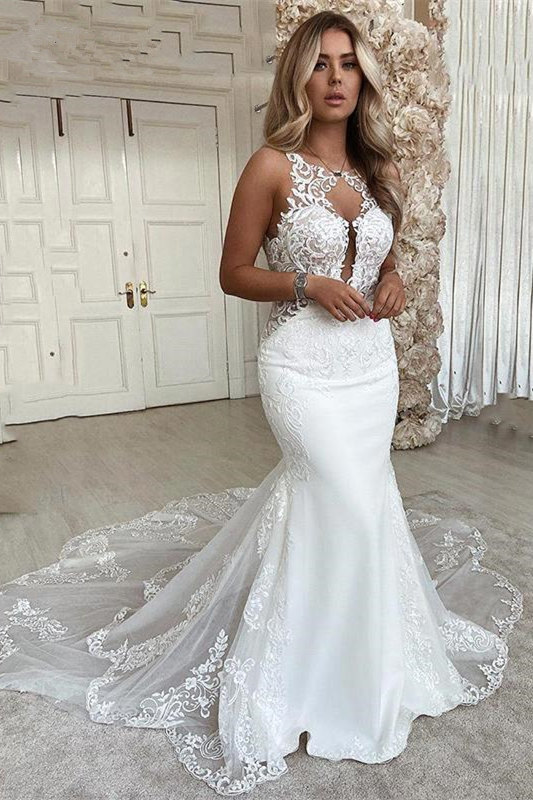 Elegant Lace White Mermaid Wedding Dress Sleeveless Tulle Bridal Gown