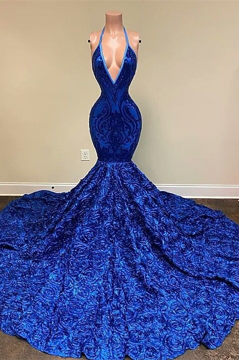 Sexy Navy Blue Halter Mermaid Prom Dress 3D Flower Sequins V-Neck Party Gown