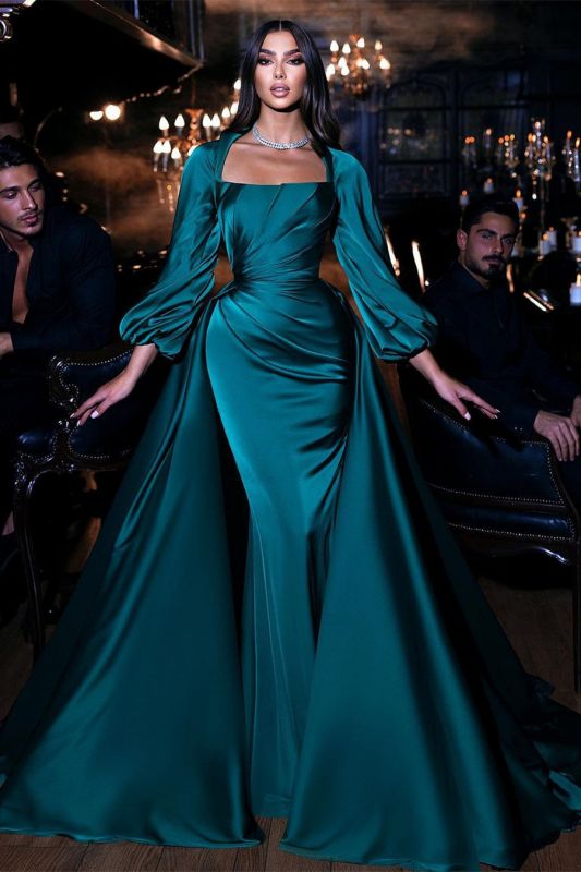 Charming Long Puffy Sleeves Ruched Satin Mermaid Prom Dress Evening Wear Dress
