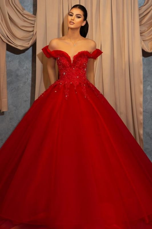 Off-the-Shoulder rotes Abendkleid Langes Spitzen-Abschlussballkleid