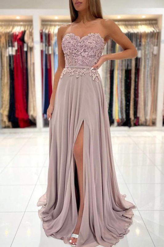 Sweetheart Side Slit Evening Prom Dress with Floral  Lace Appliques