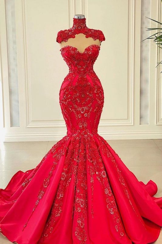 High Neck Red Mermaid Prom Dress with Lace Appliques
