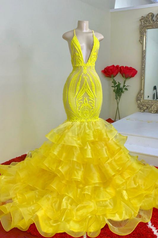Sexy Halter V-Neck SHiny Yellow Mermaid Party Gown