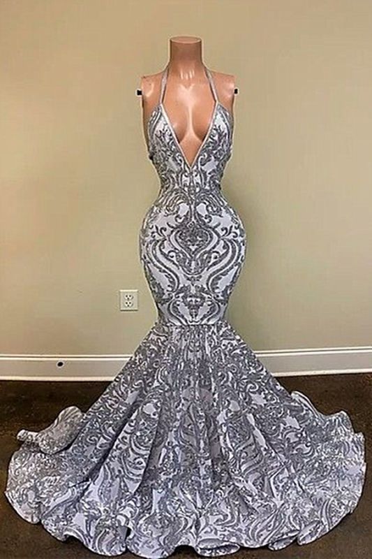 Amazing Halter Silver Mermaid Prom Dress Sleeveless Sparkly Appliques Party wear Dress