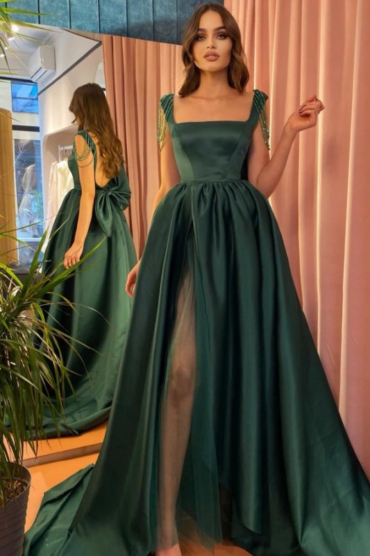 Square neck Long Evening Dress Side Slit Backless Formal Dress with Bow Tie