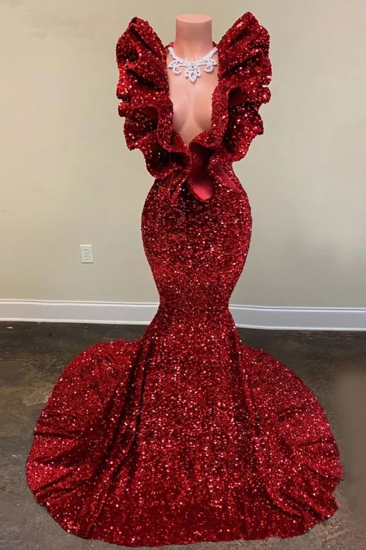 Shiny Sequins Burgundy Mermaid Prom Dress