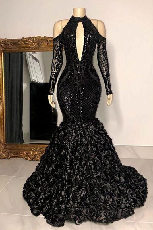 Robe de bal sirène noire Robe de soirée dos nu à manches longues