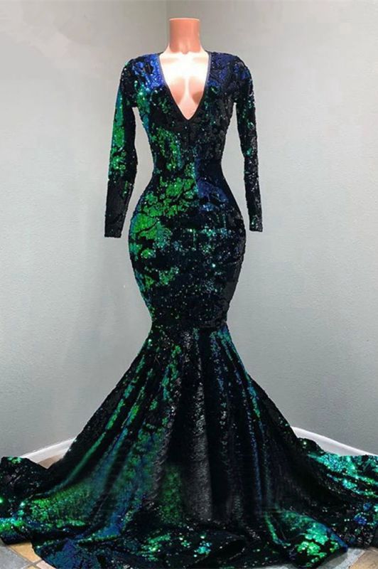 Dark Green Sequined Mermaid Prom Dres with Sleeves V-Neck Party Gown