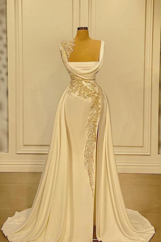 Square neck Pearls Crystals Satin Long Evening Dress Elegant Mermaid Prom Dress with Detachable Train
