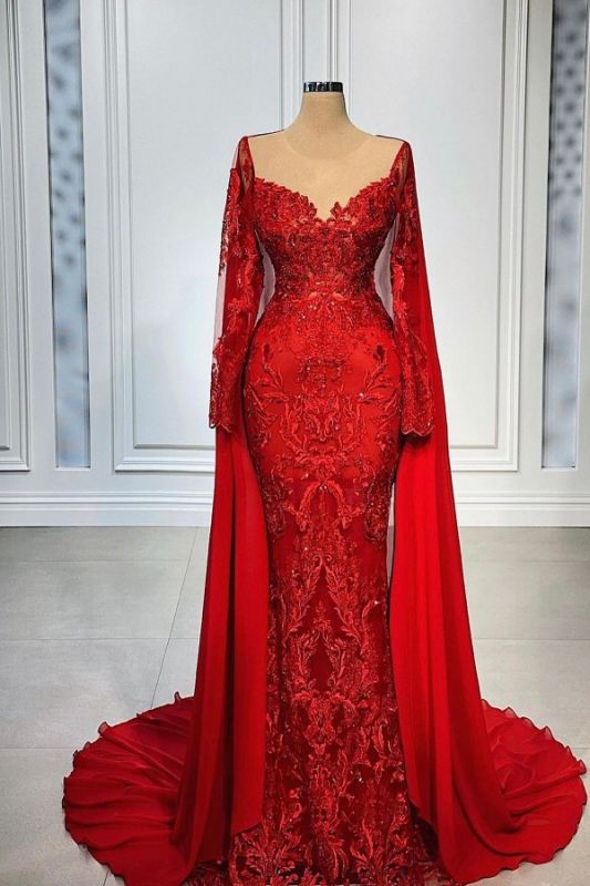 Amazing Red Mermaid Lace Wedding Dres with Sweep Cape