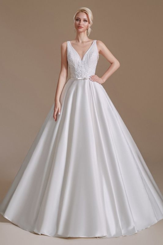 Aline Wedding Dress Sleeveless Beads Bridal Dress V-Neck