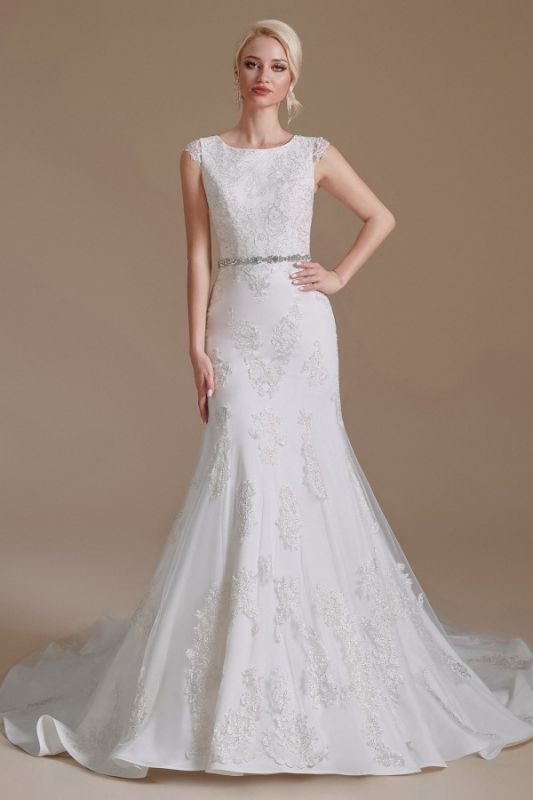Chic White Mermaid Wedding Dress Long Lace Bridal Dress with Cap Sleeves