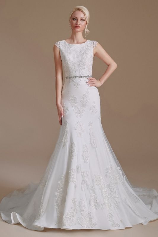 Robe de mariée sirène blanche chic Robe de mariée longue en dentelle avec mancherons