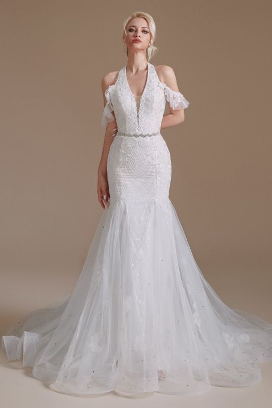 Elegante vestido de novia de sirena blanca con cuello halter vestido de novia con hombros descubiertos