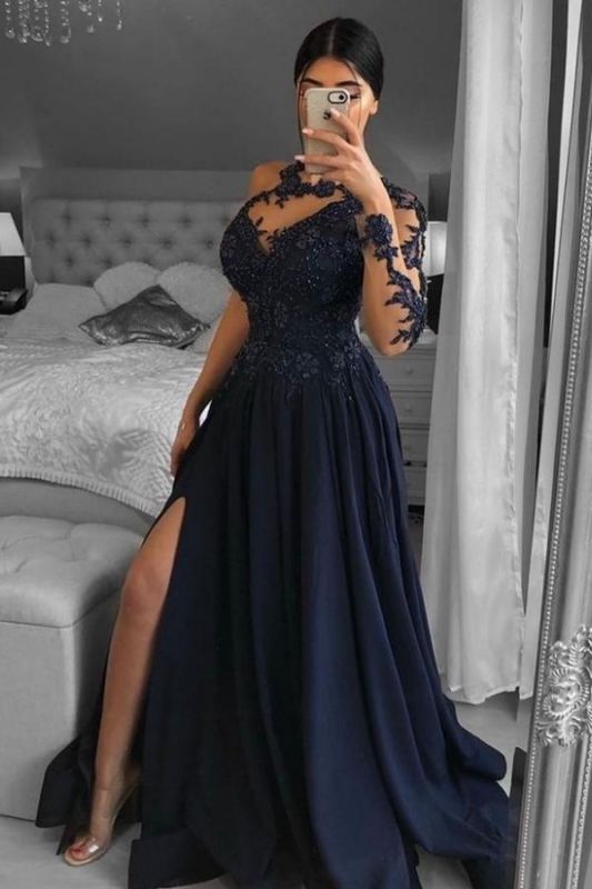 Stunning Chiffon Side Split Evening Dress Long One Sleeve Lace Prom Dress