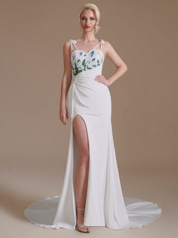 Spagheti Straps Side Slit Wedding Dress Leaves Pattern Bridal Dress