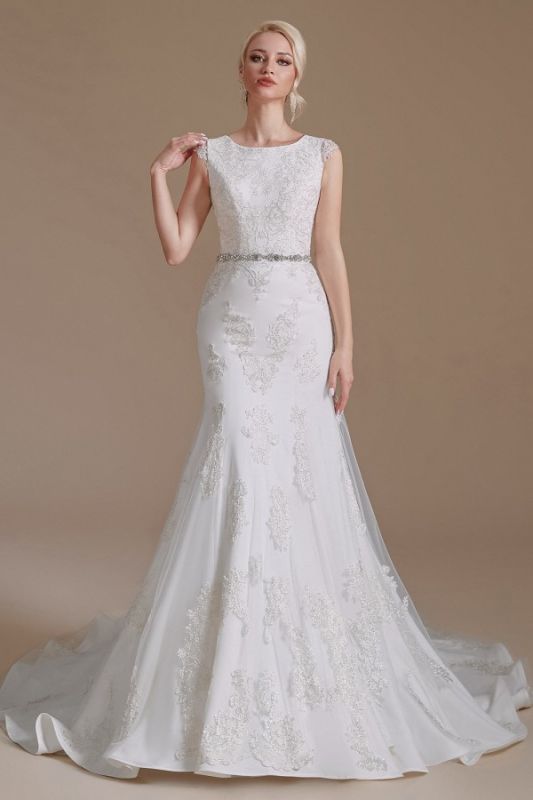 Chic White Mermaid Wedding Dress Long Lace Bridal Dress with Cap ...