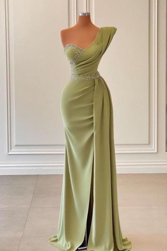 Charming One Shoulder Beadings Long Prom Dress Satin Evening Dress with Side Slit Cape
