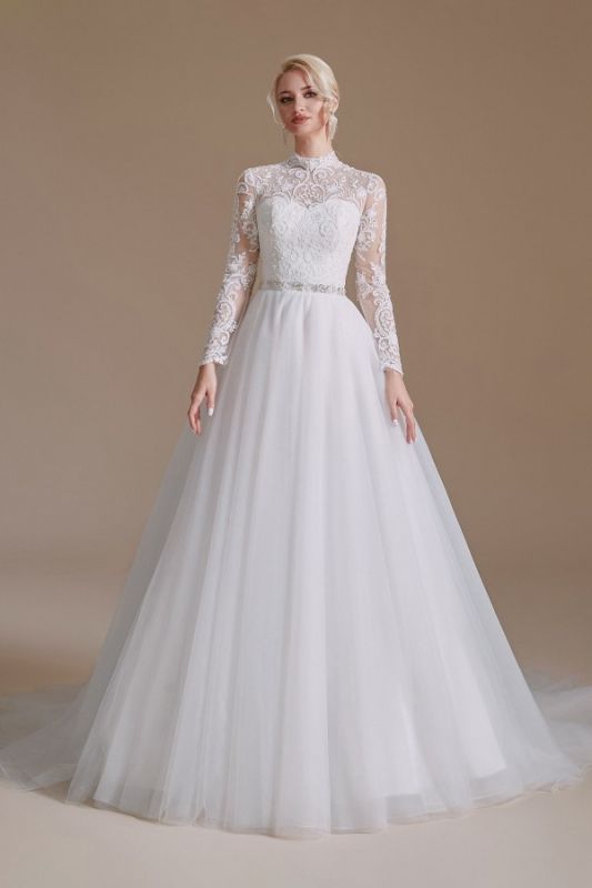 Magnífico vestido de novia de manga larga Vestido de novia de encaje de tul blanco Aline