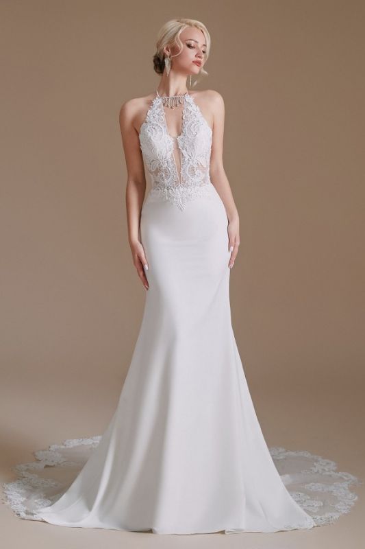 Romantic Halter V-Neck Satin Wedding Dress Floral Lace Mermaid Bridal Gown