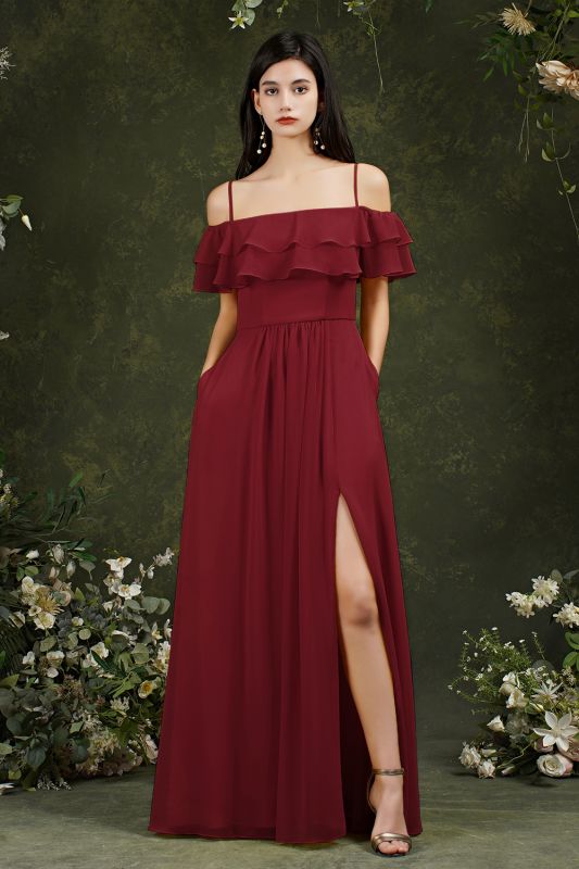 Spaghetti Straps Aline Bridesmaid Dress Side Slit Formal Dress with Pockets