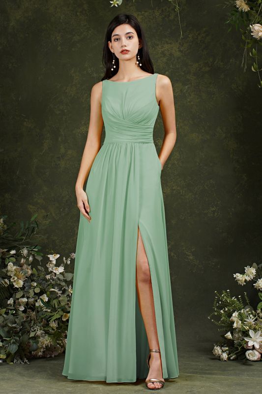 Simple Scoop Neck Side Slit Bridesmaid Dress with Pocket