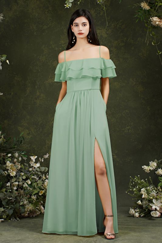 Spaghetti Straps Aline Bridesmaid Dress Side Slit Formal Dress with Pockets