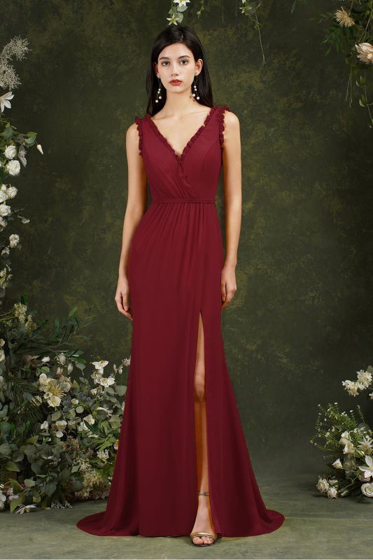 Robe de bal sirène chic à col en V Robe de soirée de mariage sans manches avec fente sur le côté