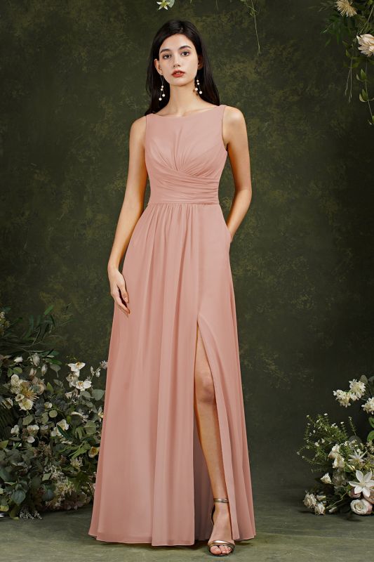 Simple Scoop Neck Side Slit Bridesmaid Dress with Pocket