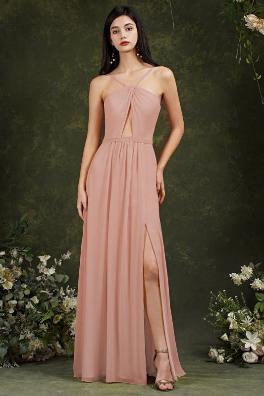 Halter Long Bridesmaid Dress Chiffon Sleeveless Side Split Wedding Party Dress