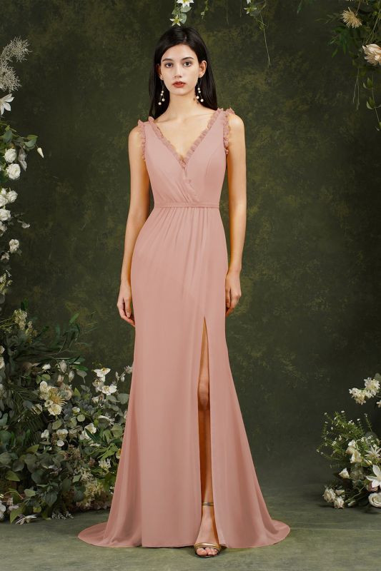 Robe de bal sirène chic à col en V Robe de soirée de mariage sans manches avec fente sur le côté