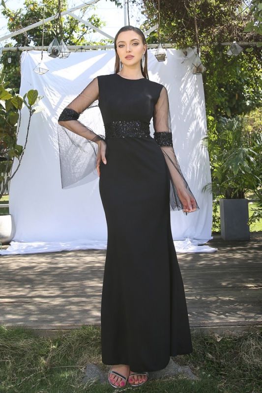 Long Sleeves Black Long Evening Dress Crew Neck Sequins Mermaid Prom Dress