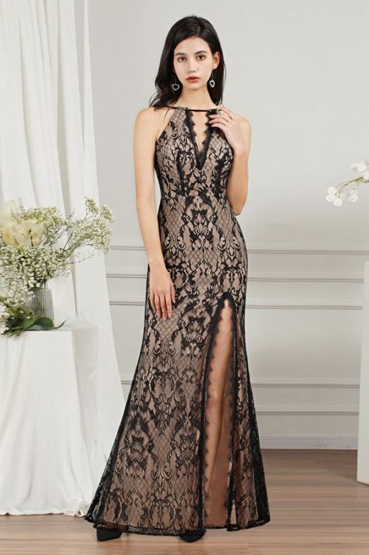 Sleeveless Mermaid Long Party Dress Black Floral Lace Appliques Side Slit Evening Dress