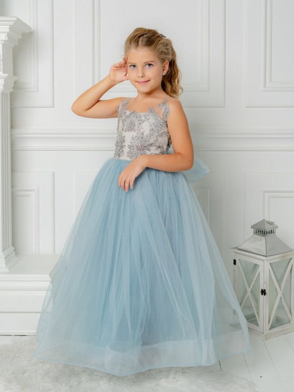 Lovely Sky Blue Tulle Little Girl Dress Crystals Lace Appliques Bowtie Birthday Party Dress