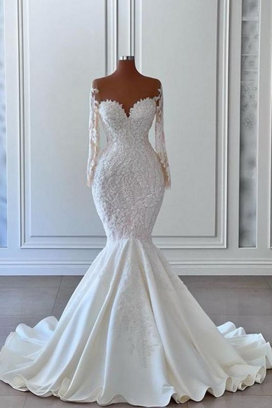 Superbes robes de mariée sirène avec manches Robe de mariée longue en dentelle florale avec train de balayage